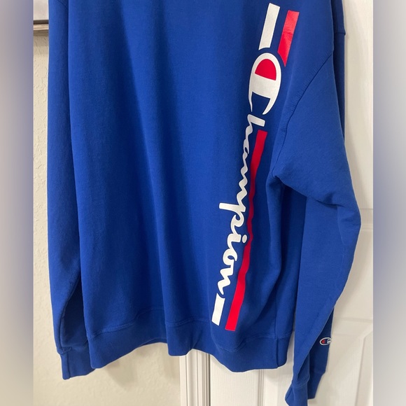 Champion Men’s Blue Vertical Spellout Crewneck Pullover L/S Sweatshirt/L-EUC - Picture 5 of 14